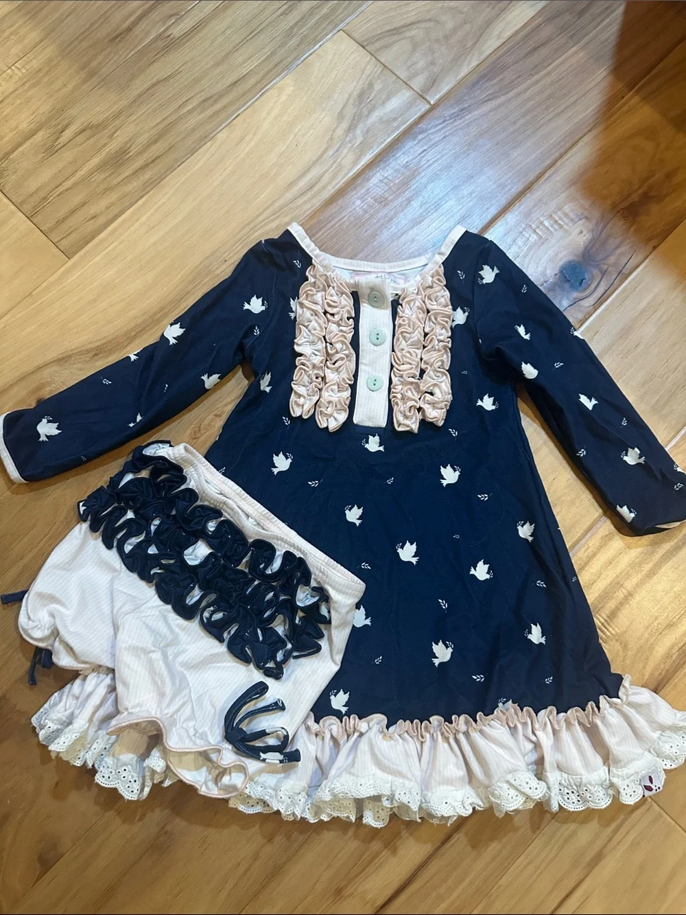SweetHoney Navy and Cream Toddler Ruffle Nightgown with Bloomers